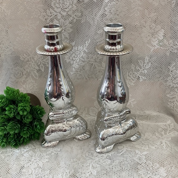 Pair of Vintage Avon glass/plastic silver coated bottle/ candlestick holders - Picture 3 of 6
